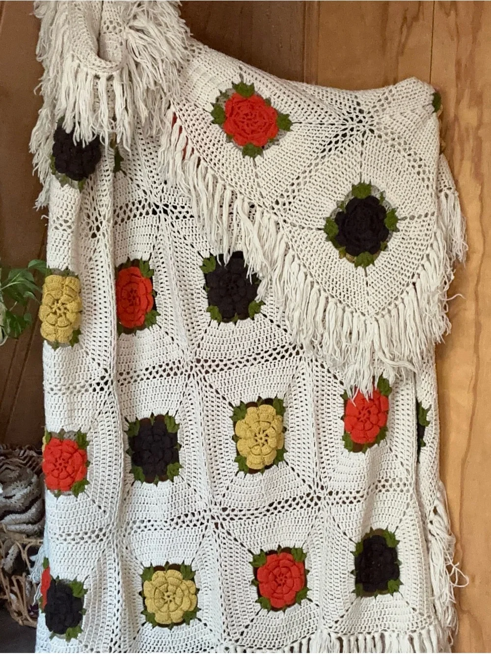HUGE Vintage 1970s Handmade Granny Square Crochet Floral Afghan